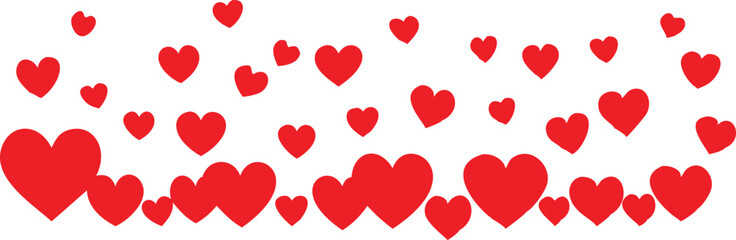 A vibrant, romantic graphic design featuring a large quantity of small, bright red heart shapes scattered across a white background.