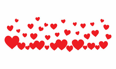 A vibrant, romantic graphic design featuring a large quantity of small, bright red heart shapes scattered across a white background.