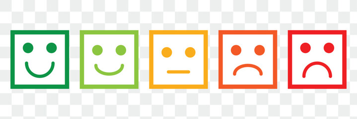 Happy and sad emoji, feedback rating emoticons - smiley face icon set : positive and negative emojis with red and green colors for customer satisfaction rating