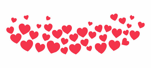 A vibrant, romantic graphic design featuring a large quantity of small, bright red heart shapes scattered across a white background.