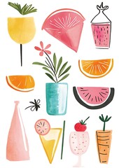 Watercolor summer fruit & drinks illustration.