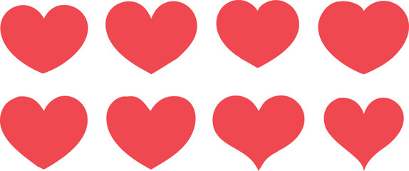 Bright red hearts arranged in various sizes on a white background