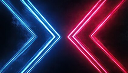 Two neon arrows, blue and red, glowing in a dark smoky background