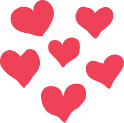 A cheerful and simple design featuring multiple red hearts of varying sizes arranged on a plain white backdrop.