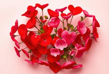 Heart-shaped red and pink blooms, vibrant colors, pale background, love, heart-shaped flowers