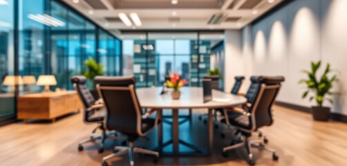 Blurred office meeting room background, business setting, shallow depth of field, focus