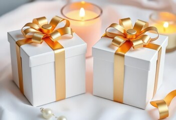 Obraz premium Two pristine white gift boxes adorned with gold bows, accompanied by a flickering candle, background, holiday