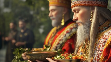Fototapeta premium Elderly Men in Ornate Robes Performing a Ritual Outdoors