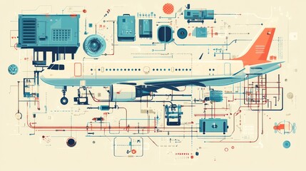 Airplane technical diagram showcasing its complex internal systems and components.