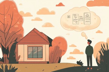 Man contemplates buying a house, dreaming of paperwork and mortgage.