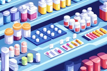 Pharmacy shelves with various medications, pills, and containers.