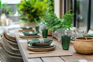 A rustic wooden table set for a meal, featuring green and brown tones, with a rattan basket, greenery, and woven placemats