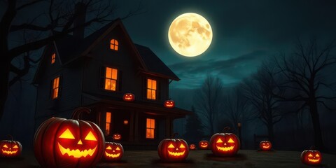 Glowing pumpkins illuminate a haunted house under a full moon's eerie glow, spooky house, mystical