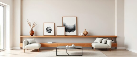 Sleek minimalist living room with a warm wood floating shelf showcasing art and vases, apartment,  arrangement
