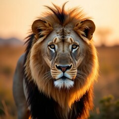 Fototapeta premium Majestic male lion with a full mane gazing intently against a warm golden African savanna backdrop