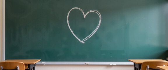Classroom chalkboard with heart drawing in a school setting