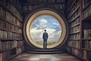 A man stands before a circular portal in a library filled with books looking at a cloudy sky outside