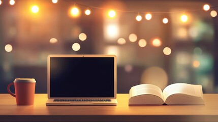 Cozy Study Space with Laptop, Book, and Warm String Lights