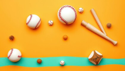 Flat lay illustration of baseball on vibrant orange and teal background, pitching, vivid