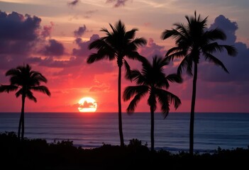 Obraz premium Silhouetted palms, fiery sunset, tranquil ocean, nature photography, warm