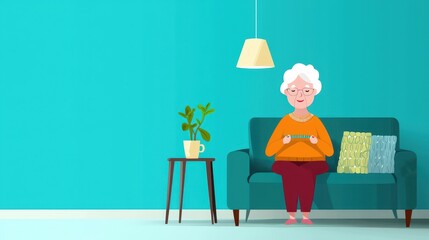Cheerful Elderly Woman Knitting in Cozy Living Room Setting