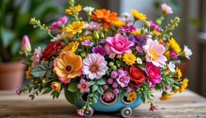 Obraz premium Playful Flower Arrangement A playful composition of flowers in a whimsical container, emphasizing creativity.
