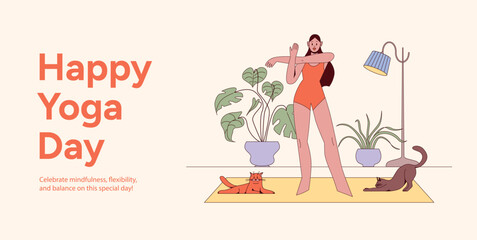 Young Woman Stretching on Yoga Mat for International Yoga Day. Indoor Room with Two Cats. International Yoga Day concept. Design for posters, banners, social media, web pages and advertisement.