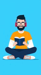 Young Man Enjoys Music While Reading Book in Relaxed Setting
