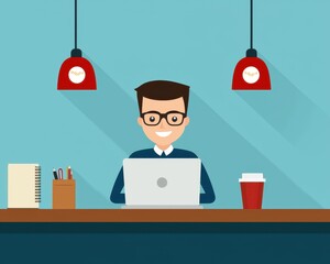 Young Man Working on Laptop in Stylish Modern Workspace