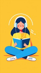 Happy girl reading book with headphones on bright yellow background
