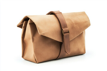 Obraz premium A tan lunch bag with a brown leather strap on a white plain background