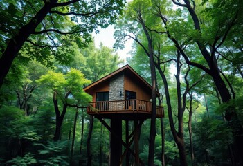 Modern treetop cabin nestled amongst lush green canopy, offering unparalleled forest views, conservation, home