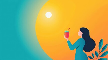 Woman Enjoying Refreshing Drink Under Bright Sunlight in Summer
