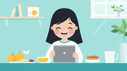 Cheerful Girl with Tablet Enjoying Breakfast in Cozy Kitchen Scene