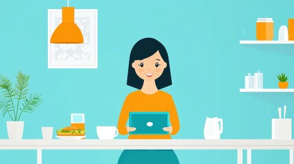 Cheerful woman using tablet in modern kitchen interior design
