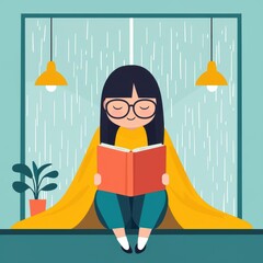 Cozy Reading Scene with Girl in Bright Room and Rainy Window