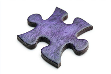 Obraz premium Isolated purple puzzle piece with wood grain on a white surface close up