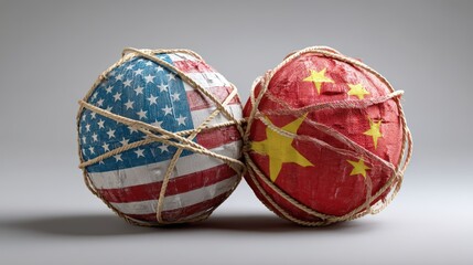 Two beautifully decorated eggs featuring united states and china flags symbolizing global relations and economic interplay