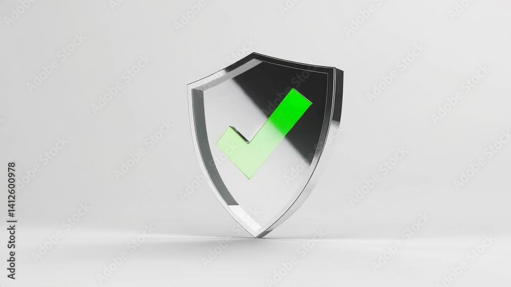 Poster Metallic shield with a green check mark rotating slightly, symbolizing digital security and successful verification, isolated on a white background