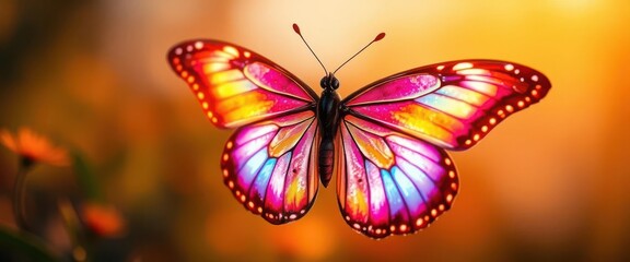 Glowing butterfly, wings ablaze with sunrise hues, ethereal glow, dawn, art
