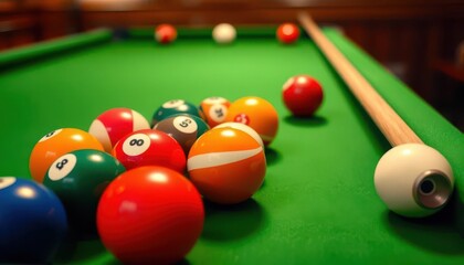 Close-up of billiard balls and cue stick on a pool table, elegant green felt, background, game room