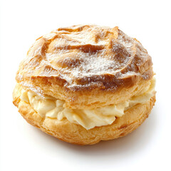 A close up shot of a cream puff pastry with powdered sugar on a white background
