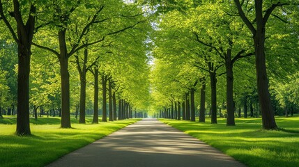 Fototapeta premium Sun Dappled Path Through Lush Green Trees in a Serene Landscape