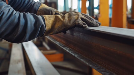 Steelworker preparing metal beams for assembly. Featuring skill and strength