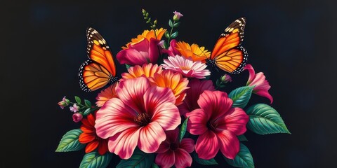 Vibrant bouquet, butterfly, single bloom, dark background, oil painting style, painting, oil painting
