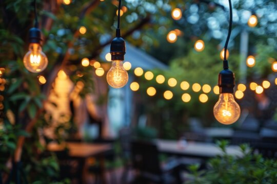 Elegant outdoor networking event with string lights illuminating