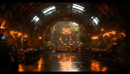 Fototapeta premium Futuristic, dimly lit, ornate hall