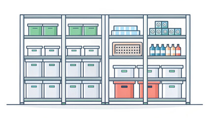 Organized storage shelves filled with various containers and supplies, showcasing neat arrangement ideal for healthcare and hospital settings