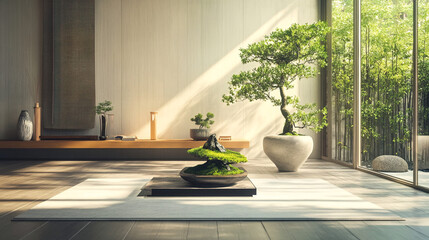 Serene Zen Interior: Minimalist Design with Bonsai Tree in Modern Space
