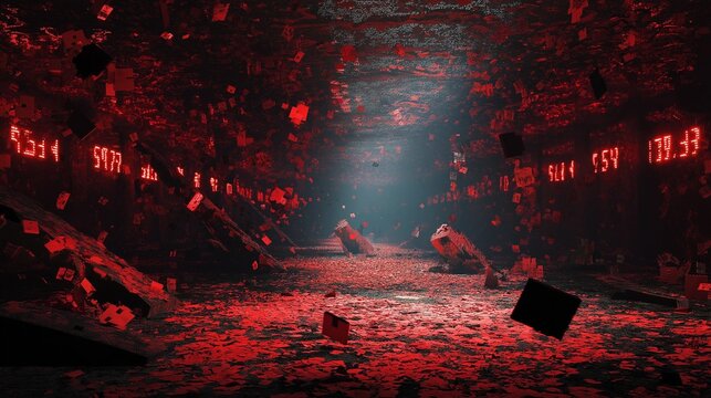 Digital Wasteland &ndash; Shredded NFTs drift like ghosts in a ruined marketplace void
